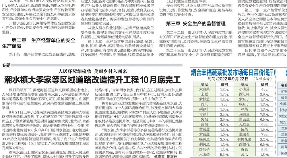 【烟台日报】潮水镇大季家等区域道路改造提升工程10月底完工